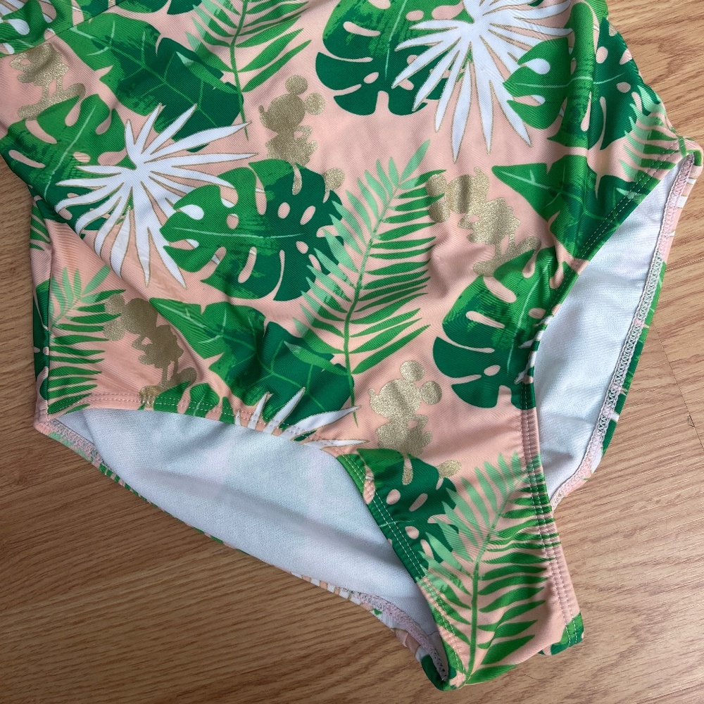 Disney Women’s One Piece Pink & Green Palm w/ Gold Mickey Swimsuit Size Large - Picture 5 of 10